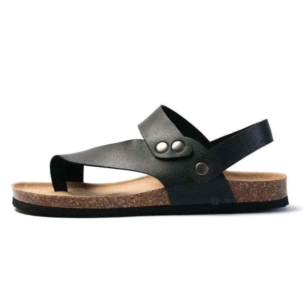 Men Summer Cork Flip Flops Beach Couple Leather Sandals, Size: 45(Black)
