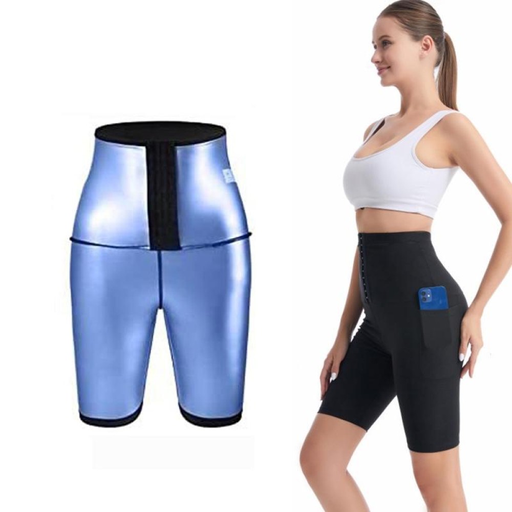 Women High Waist Breasted Hip Lifting Pants With Pocket, Color: PU Blue 5-point, Size: L