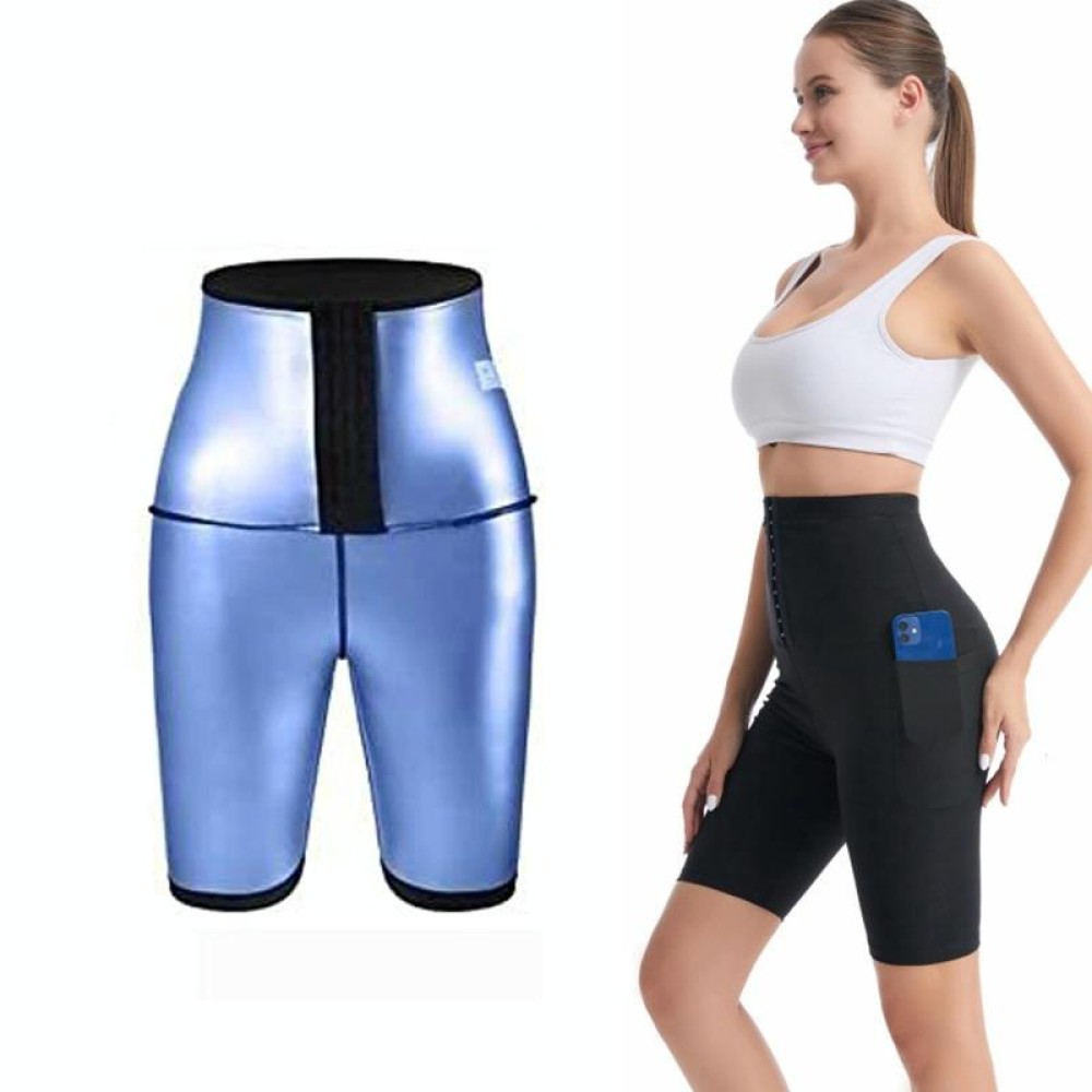 Women High Waist Breasted Hip Lifting Pants With Pocket, Color: PU Blue 5-point, Size: 3XL