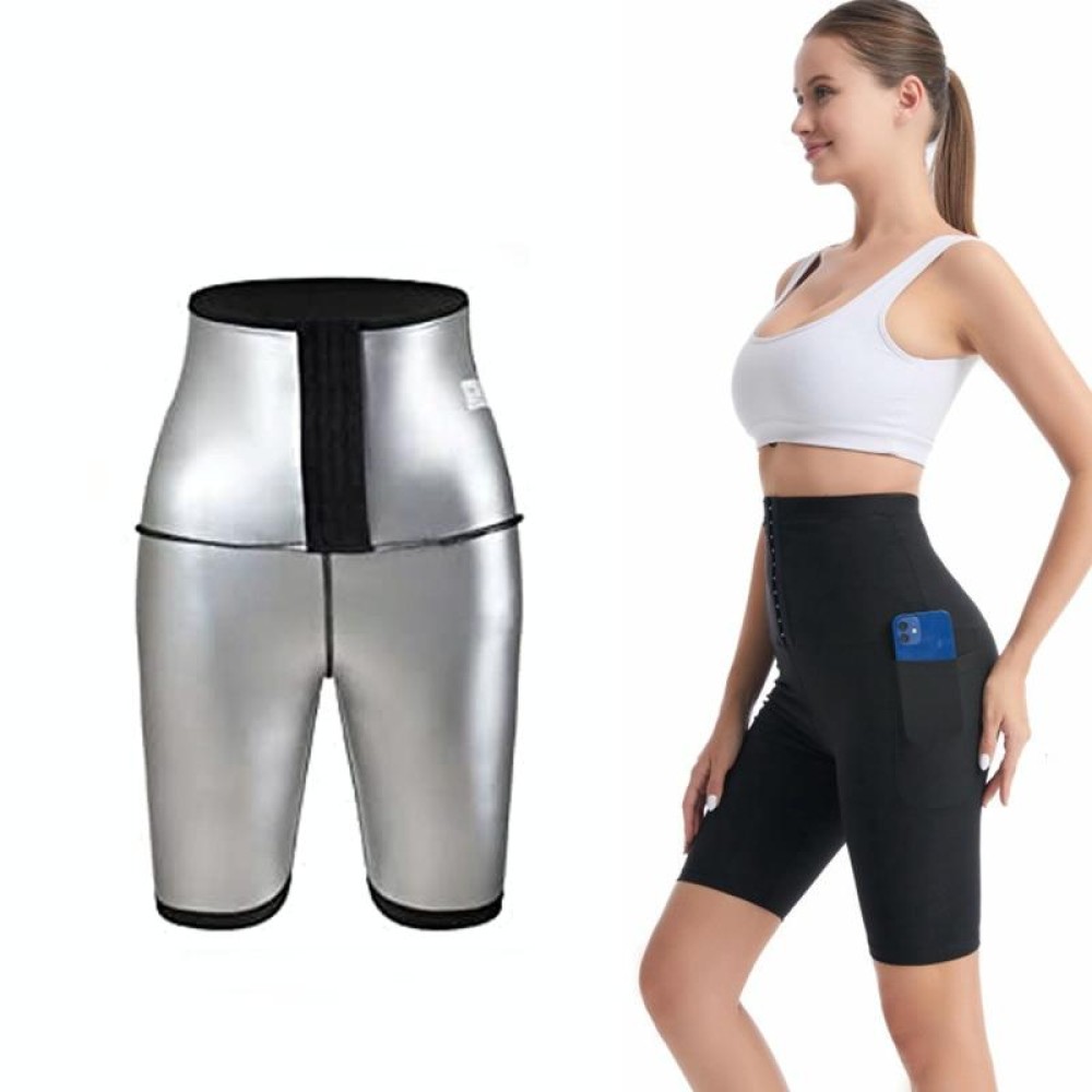 Women High Waist Breasted Hip Lifting Pants With Pocket, Color: Silver Painted 5-point, Size: L