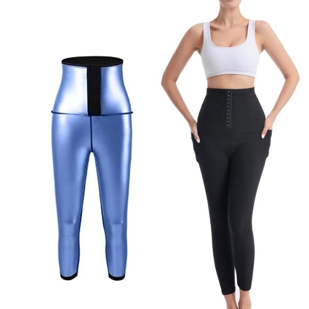 Women High Waist Breasted Hip Lifting Pants With Pocket, Color: PU Blue 9-point, Size: XL