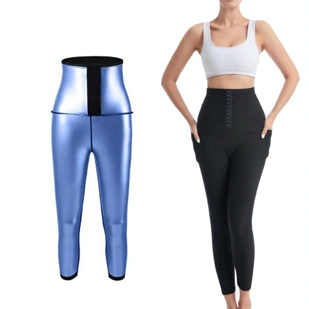 Women High Waist Breasted Hip Lifting Pants With Pocket, Color: PU Blue 9-point, Size: XXL
