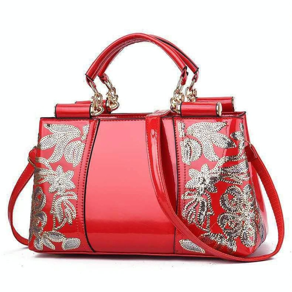 Ladies Single Sided Embroidered Shiny Leather Handbag(Red)