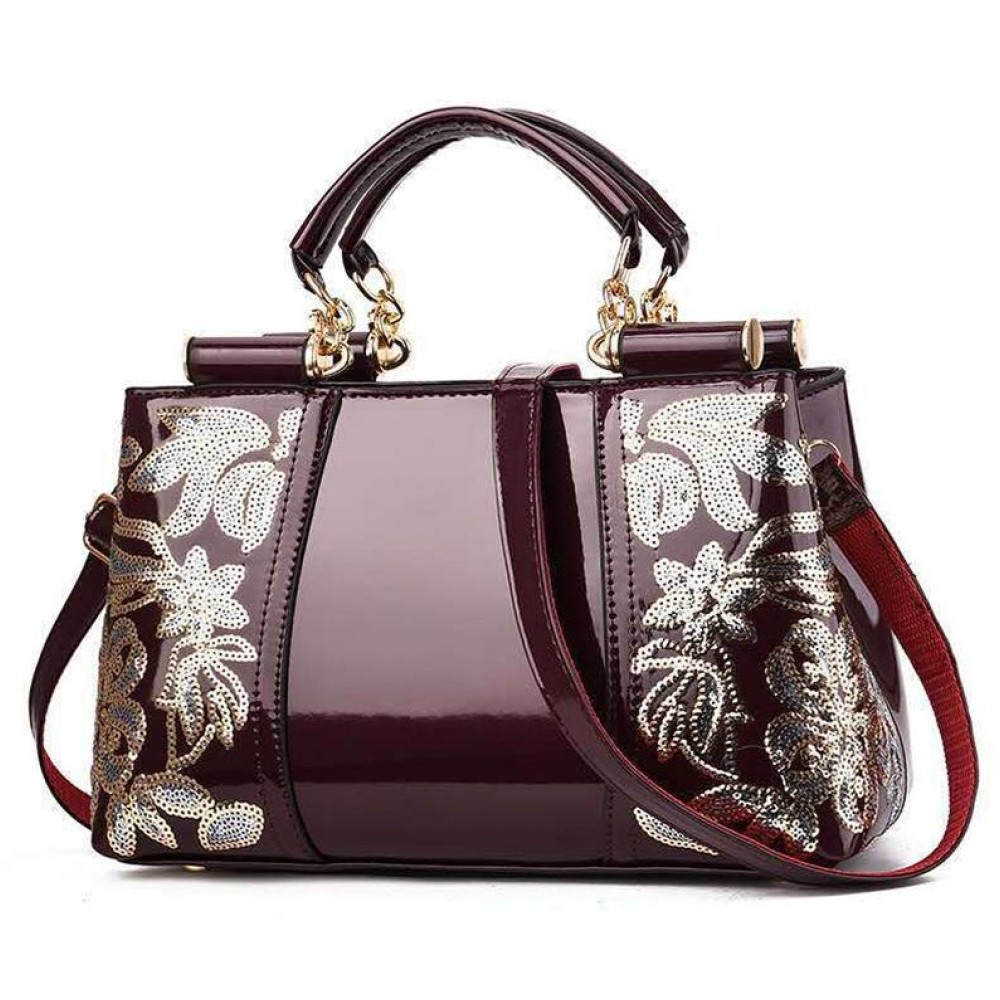 Ladies Single Sided Embroidered Shiny Leather Handbag(Red Wine)