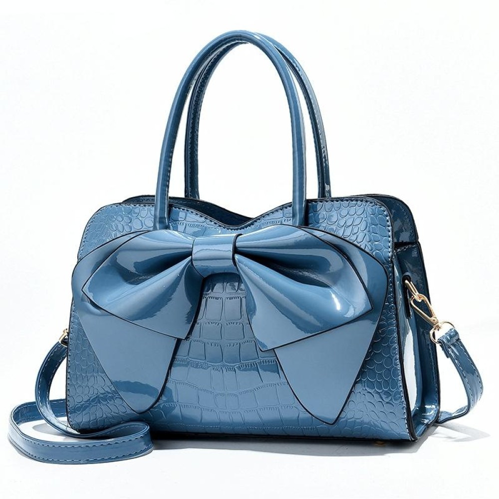 8111 Bow Bright Leather Ladies Handbag(Blue)