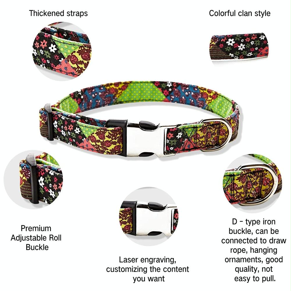 Ethnic Bohemian Floral Half Metal Buckle Dog Collar, Size: XL 2.5x70cm(Green Kaleidoscope)