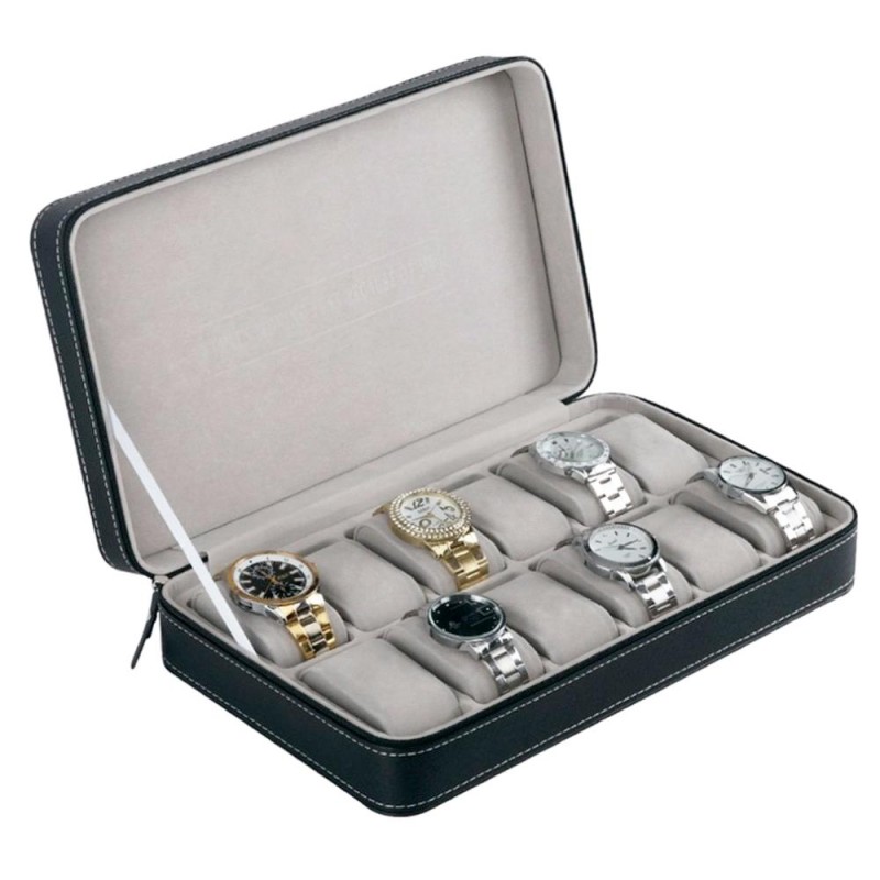 12 Bit Zipper Watch Box Storage Display Box PU Zipper Bag Watch Box(Black)
