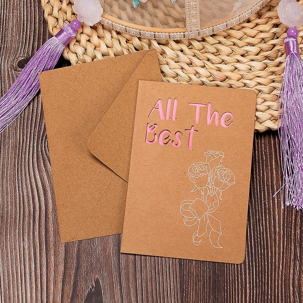 10 PCS Retro Hollow Kraft Blessing Card with Envelope(Wish You all the Best)