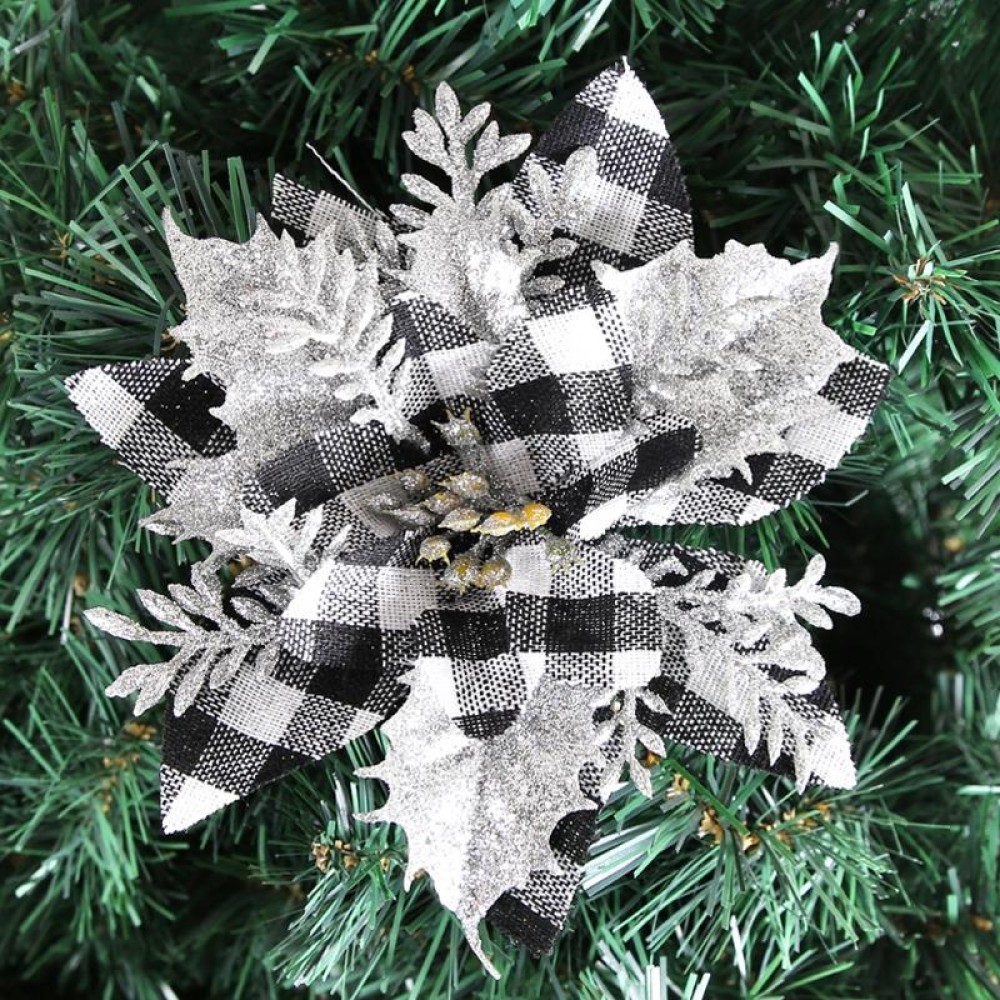 Gold Powder Plaid Christmas Flower Christmas Tree Decoration(Gray+Silver Leaf)