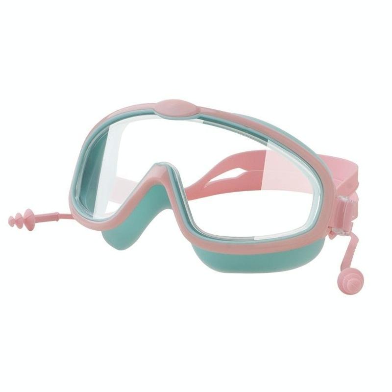 Children Anti-fog Large Frame Swimming Goggles With Conjoined Earplugs(Pink Green)