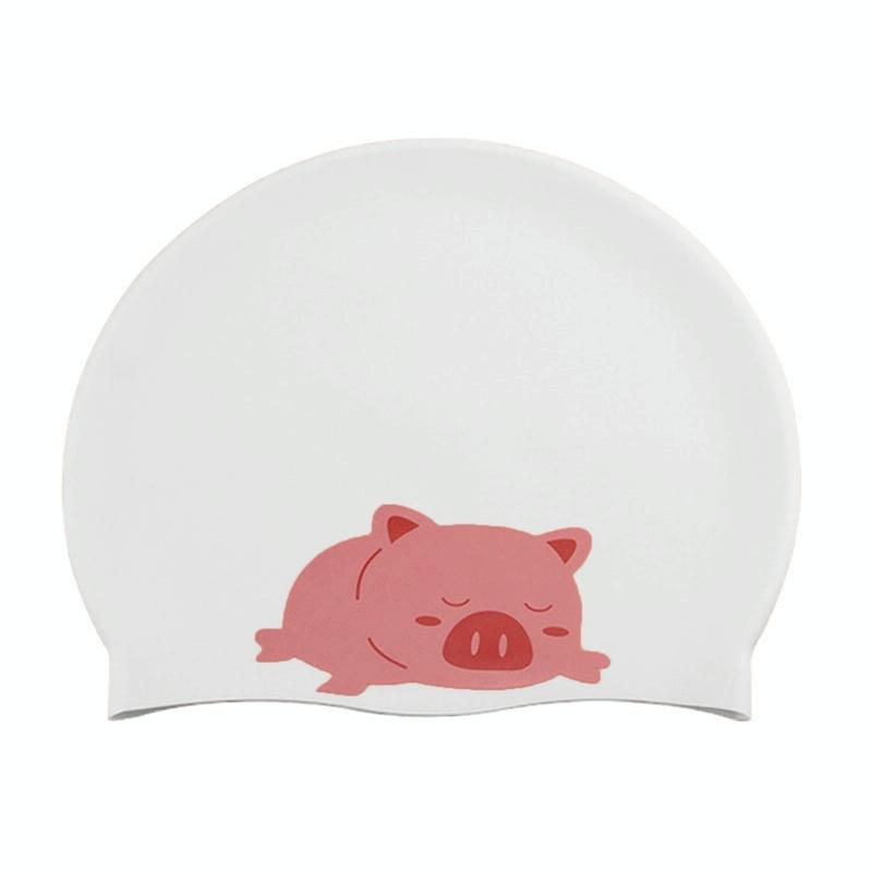 Hy08 Cute Cartoon Print Silicone Swimming Cap, Spec: White Pig