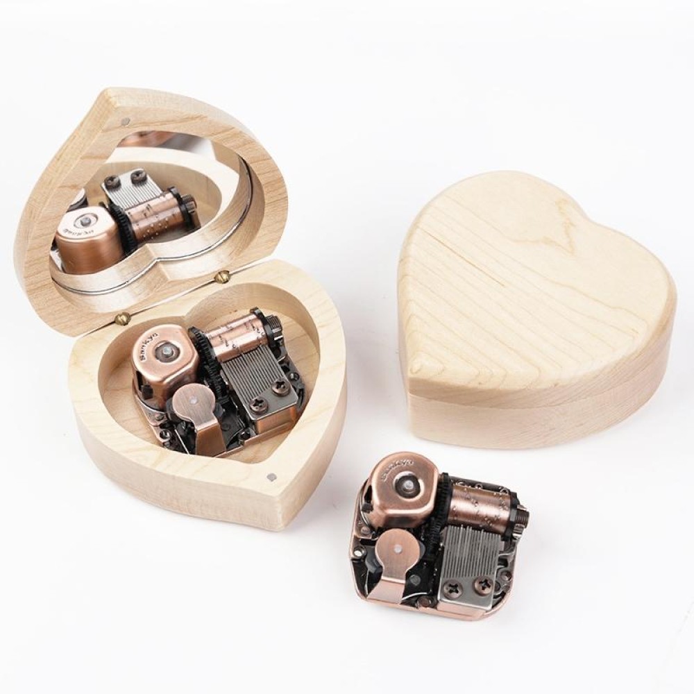 Wooden Heart Shape With Mirror Music Box Ornaments, Color: Maple-Red Ancient Copper Movement
