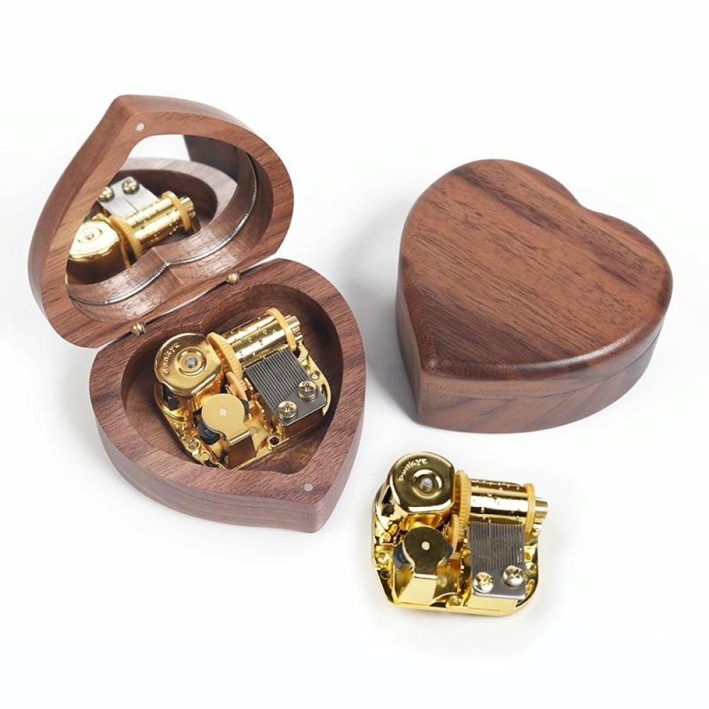 Wooden Heart Shape With Mirror Music Box Ornaments, Color: Walnut-Gold-plated Movement