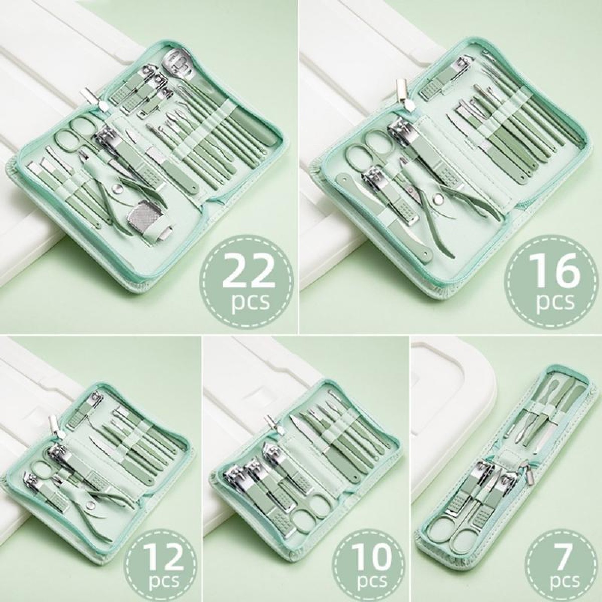 Stainless Steel Nail Clipper Nail Art Tool Set, Color: 7 PCS/Set (Green)