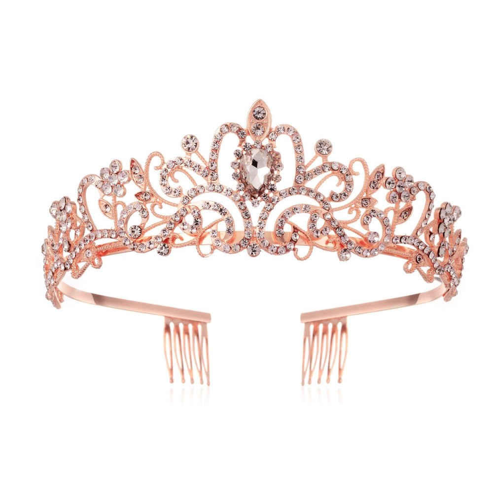 G2888 Crystal Diamond Wedding Party Braided Hair Crown Show Headband, Color: Rose Gold