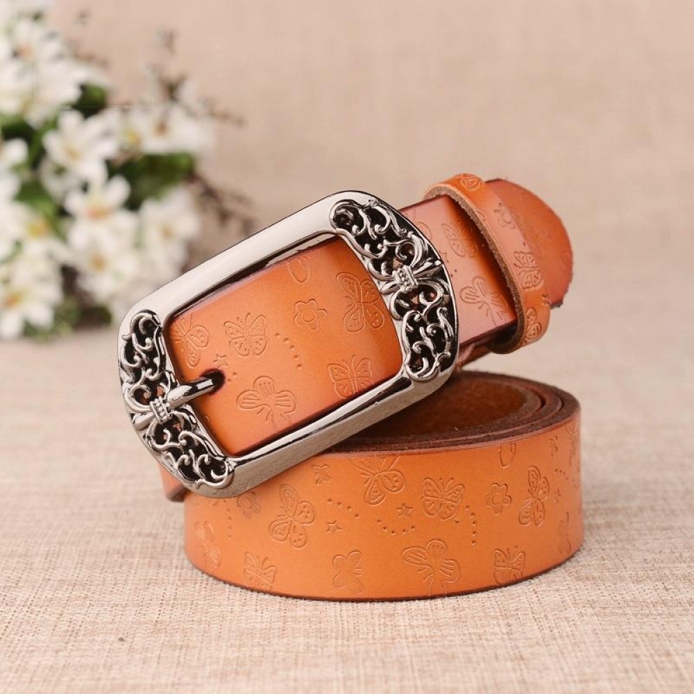 ZK--067 Retro Engraved Buckle Butterfly Print Pin Buckle Leather Belt, Length: 105cm(Brown)