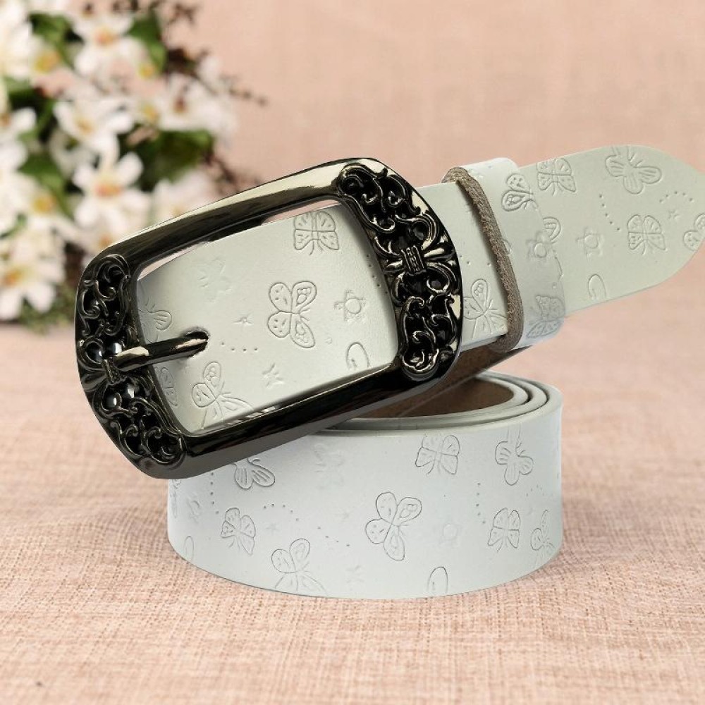 ZK--067 Retro Engraved Buckle Butterfly Print Pin Buckle Leather Belt, Length: 115cm(White)