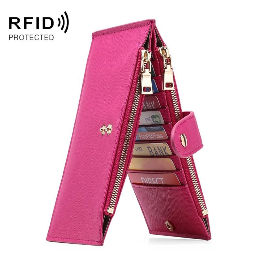 GLQ167  RFID Two-way Folding PU Cross Pattern With Zipper Pocket Wallet(Rose Red)