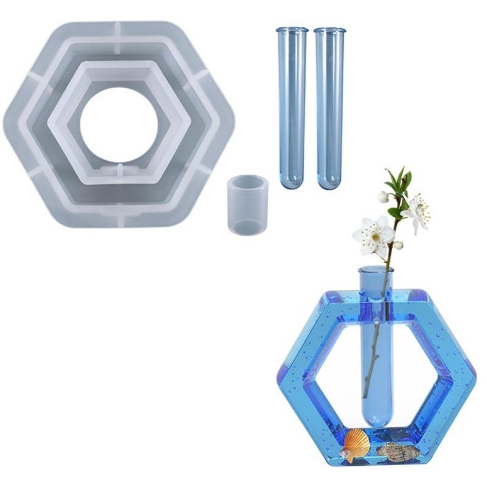 DIY Crystal Epoxy Test Tube Cultivation Vase Silicone Mould, Spec: Hexagon+2Pcs Blue