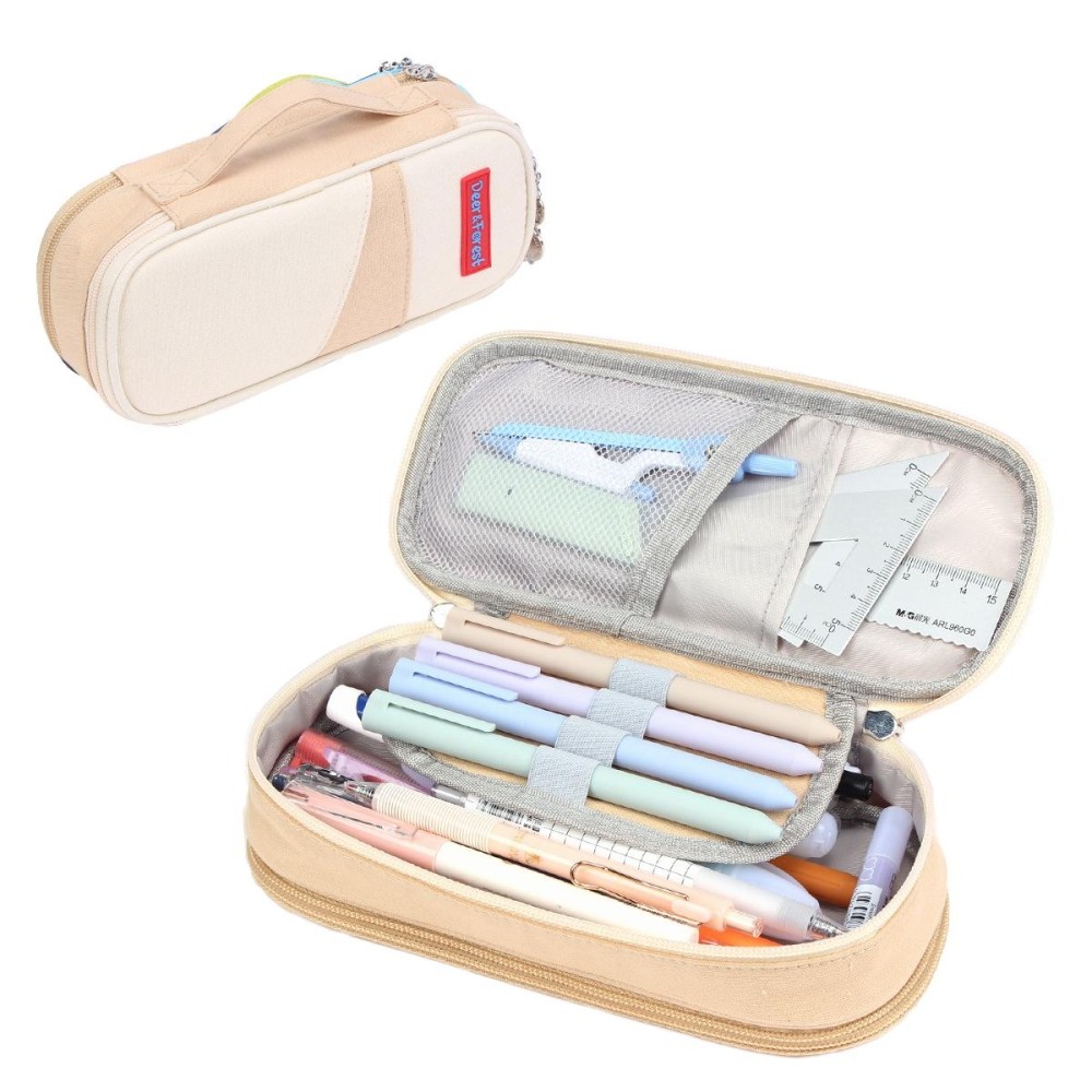 Deer Forest BL-A003 Macaron Large-capacity Double-layer Canvas Pencil Case Stationery Box(Khaki)