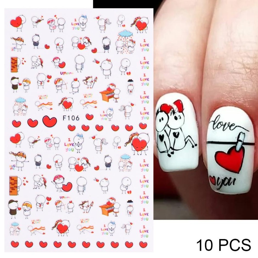 10 PCS Cartoon Heart Letters Comic Character Nail Art Sticker 3D Adhesive Nail Stickers(F106)