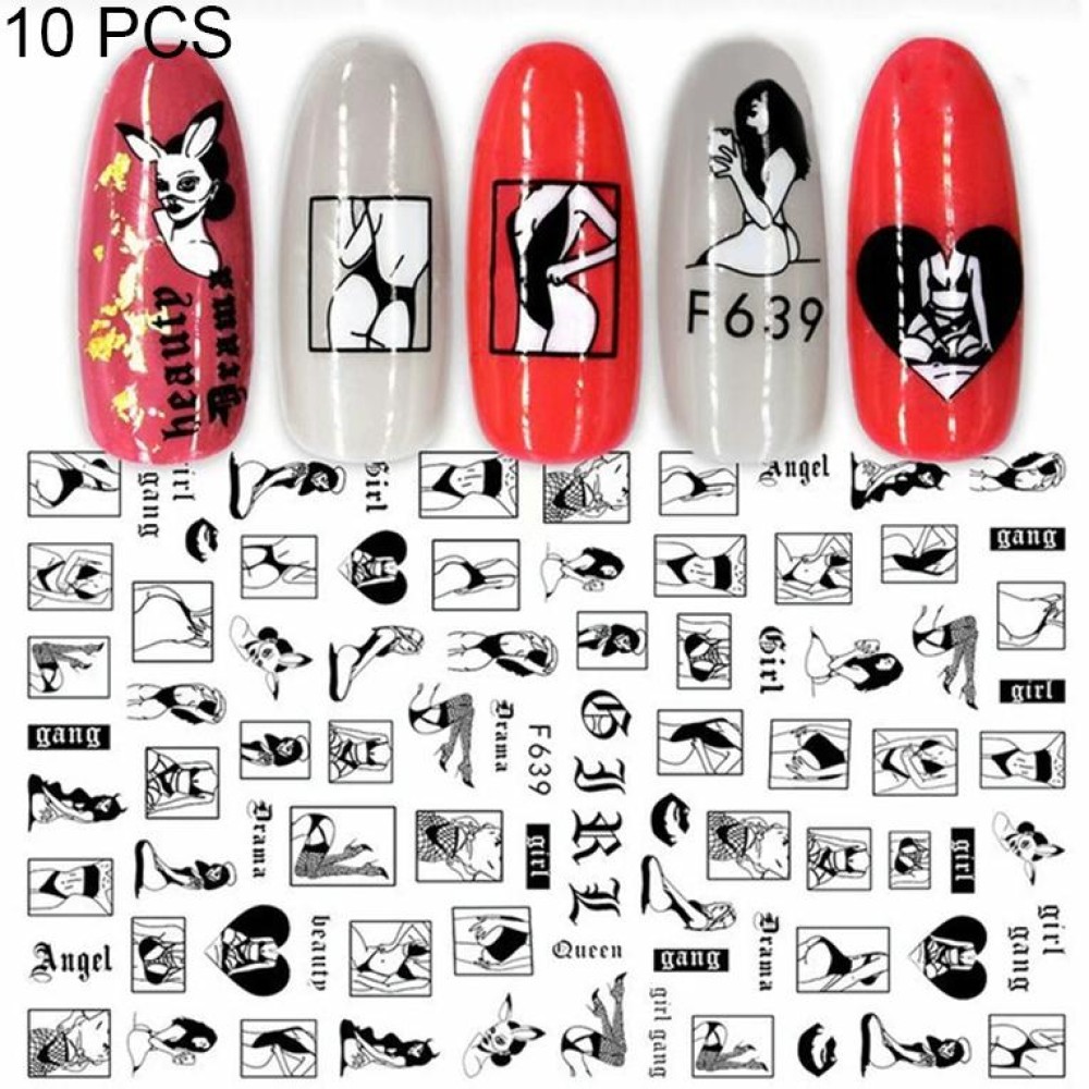 10 PCS Cartoon Heart Letters Comic Character Nail Art Sticker 3D Adhesive Nail Stickers(F639)