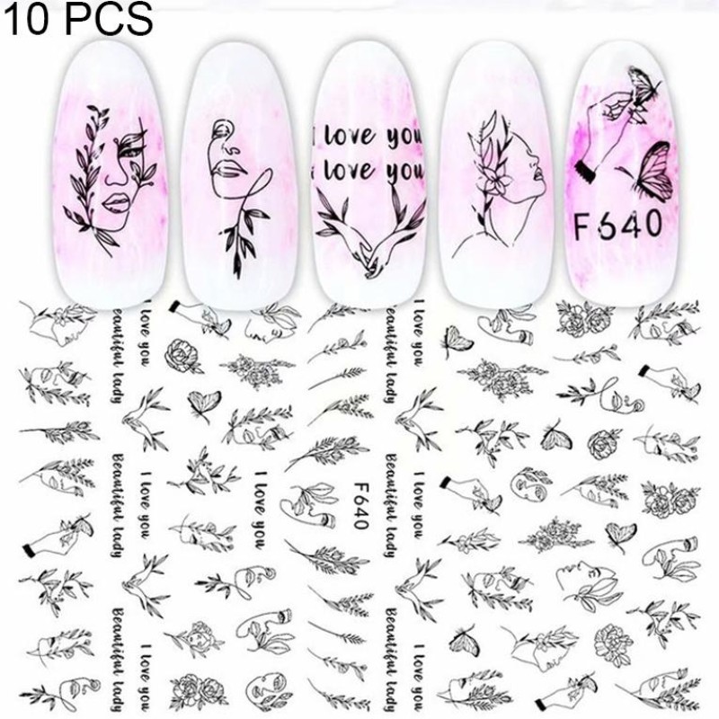 10 PCS Cartoon Heart Letters Comic Character Nail Art Sticker 3D Adhesive Nail Stickers(F640)