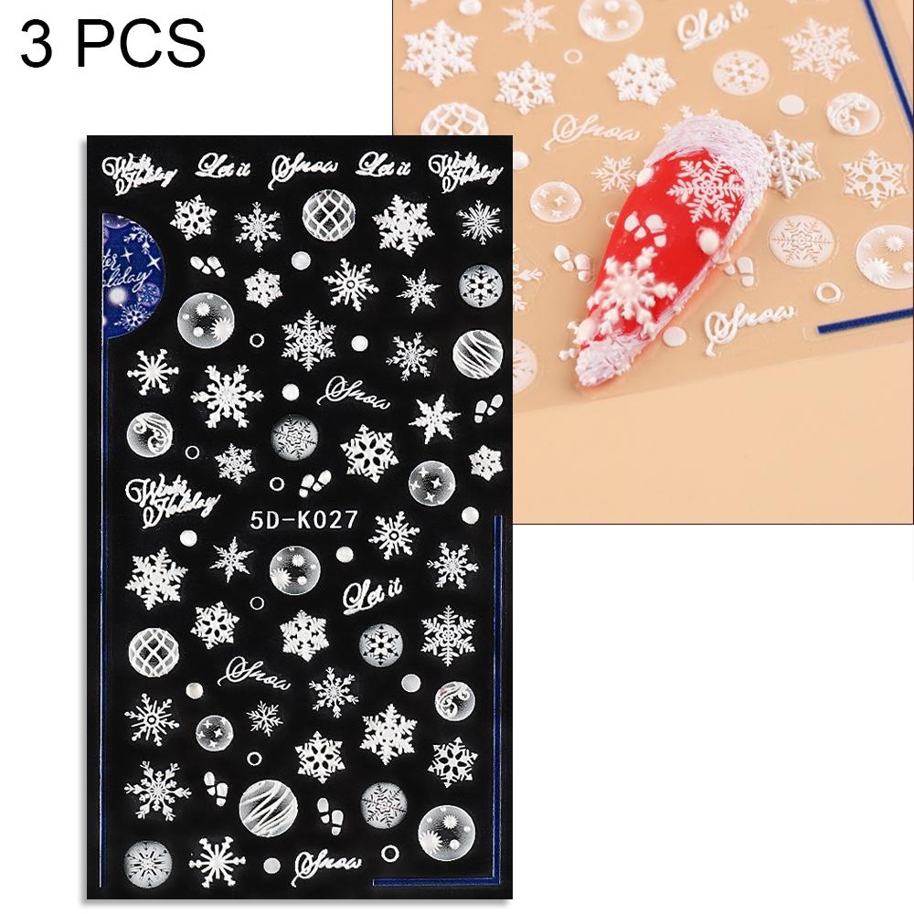 3 PCS 5D Embossed Nail Stickers Christmas Snowflake Elk Nail Stickers(5D-K027)