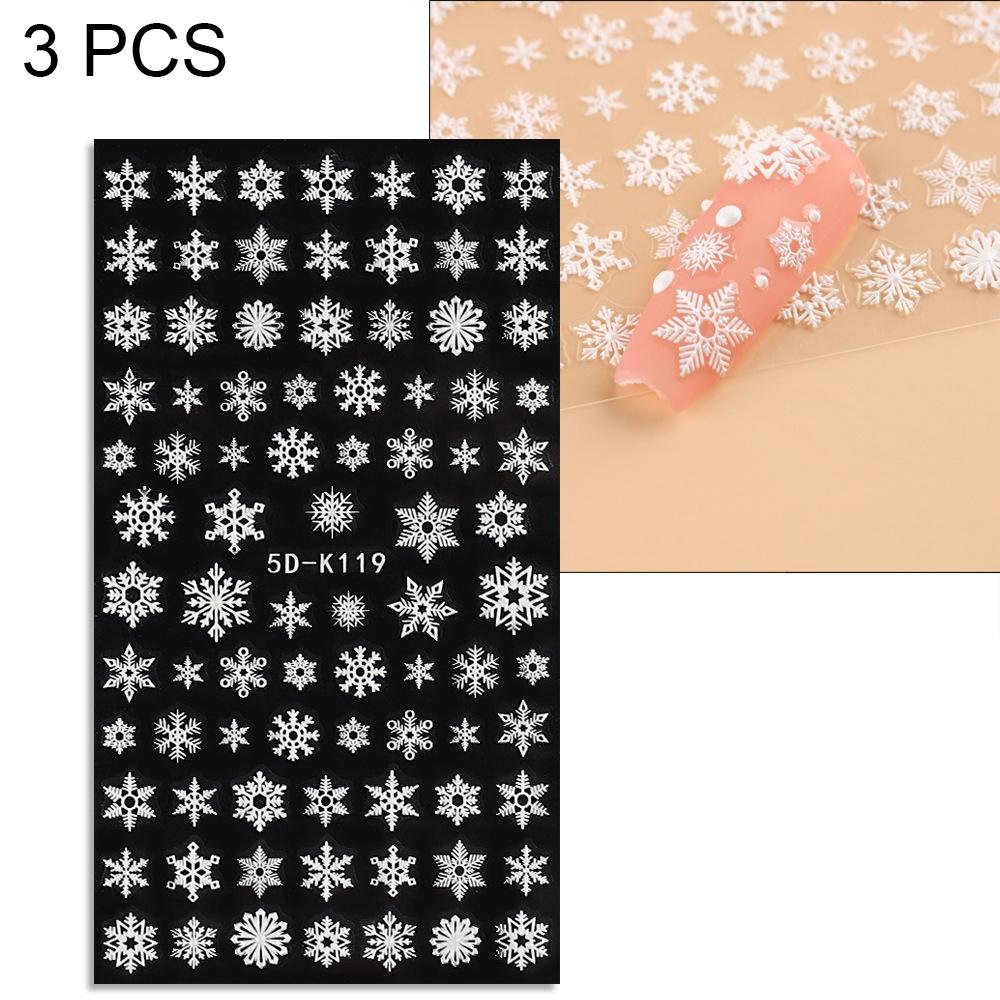 3 PCS 5D Embossed Nail Stickers Christmas Snowflake Elk Nail Stickers(5D-K119)