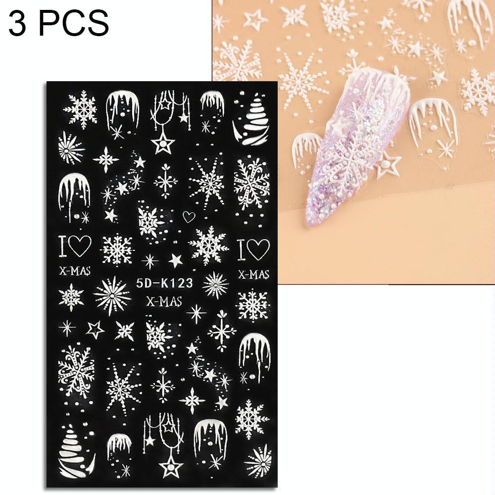 3 PCS 5D Embossed Nail Stickers Christmas Snowflake Elk Nail Stickers(5D-K123)