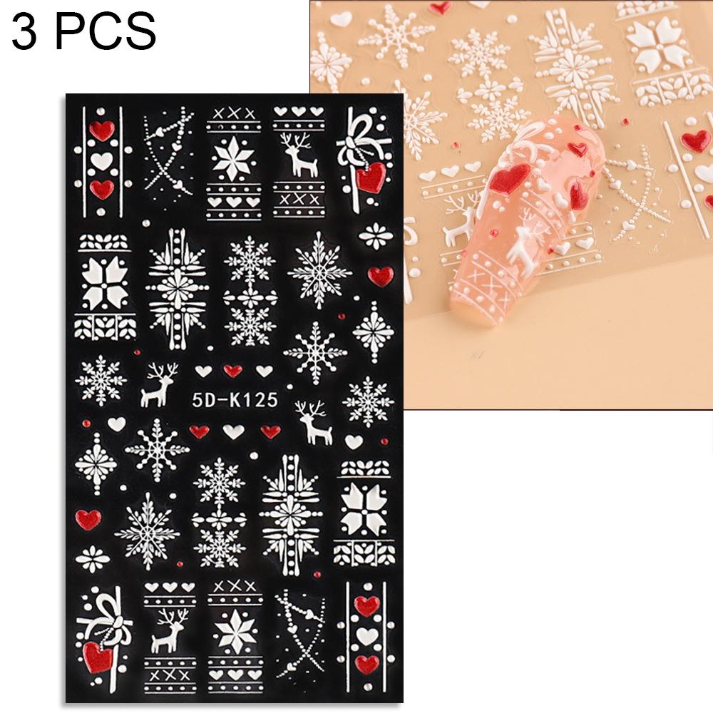 3 PCS 5D Embossed Nail Stickers Christmas Snowflake Elk Nail Stickers(5D-K125)