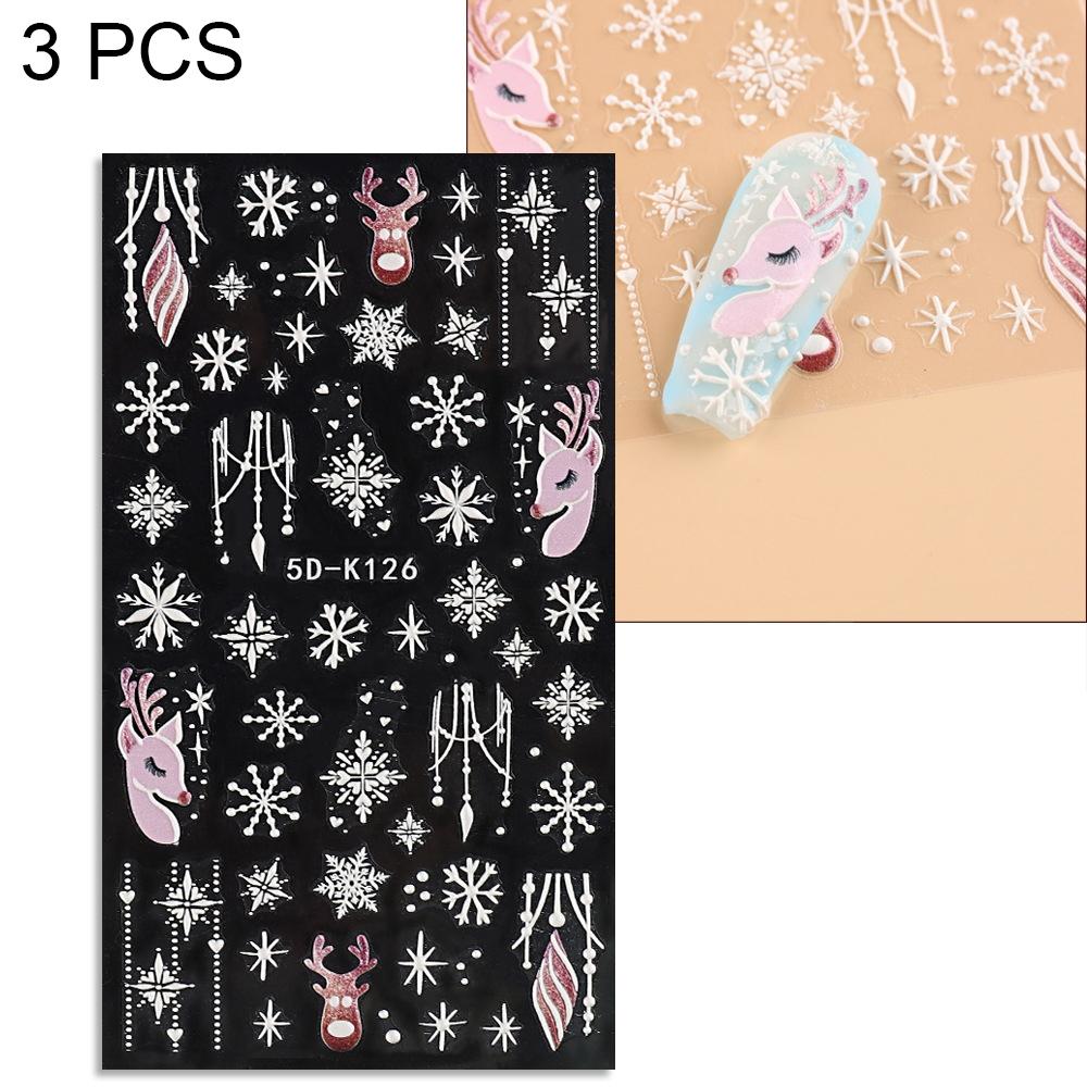 3 PCS 5D Embossed Nail Stickers Christmas Snowflake Elk Nail Stickers(5D-K126)