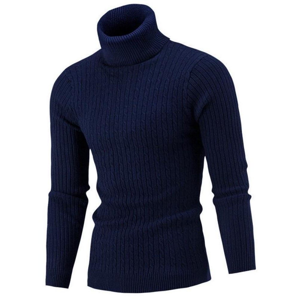 High-Collar Long-Sleeved Men Sweater Casual Thread Knit Clothes, Size: XL(Dark Blue)