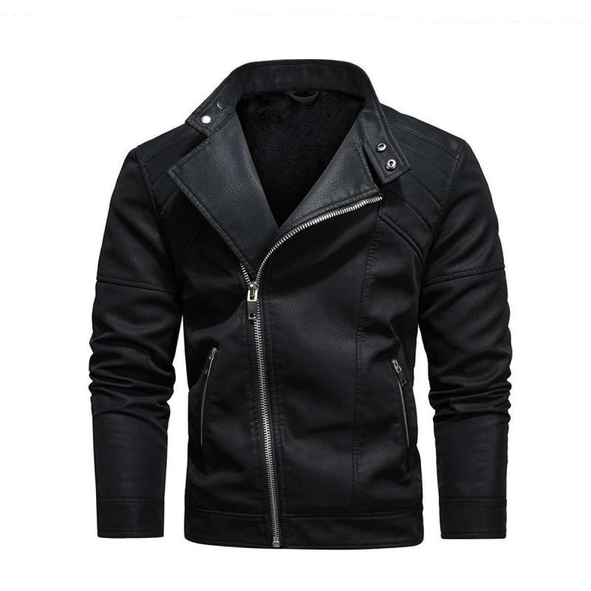 Mens Lapel Leather Motorcycle Jacket, Size: S(Black)