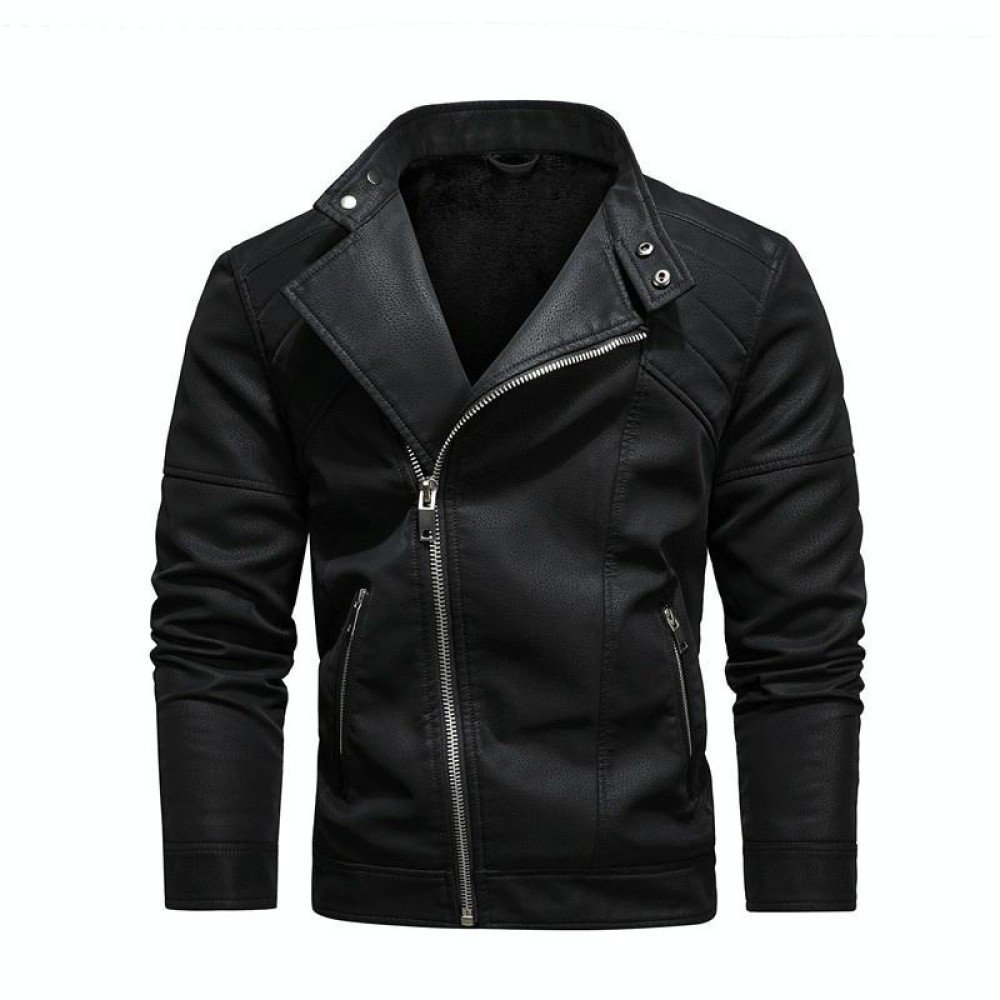 Mens Lapel Leather Motorcycle Jacket, Size: M(Black)