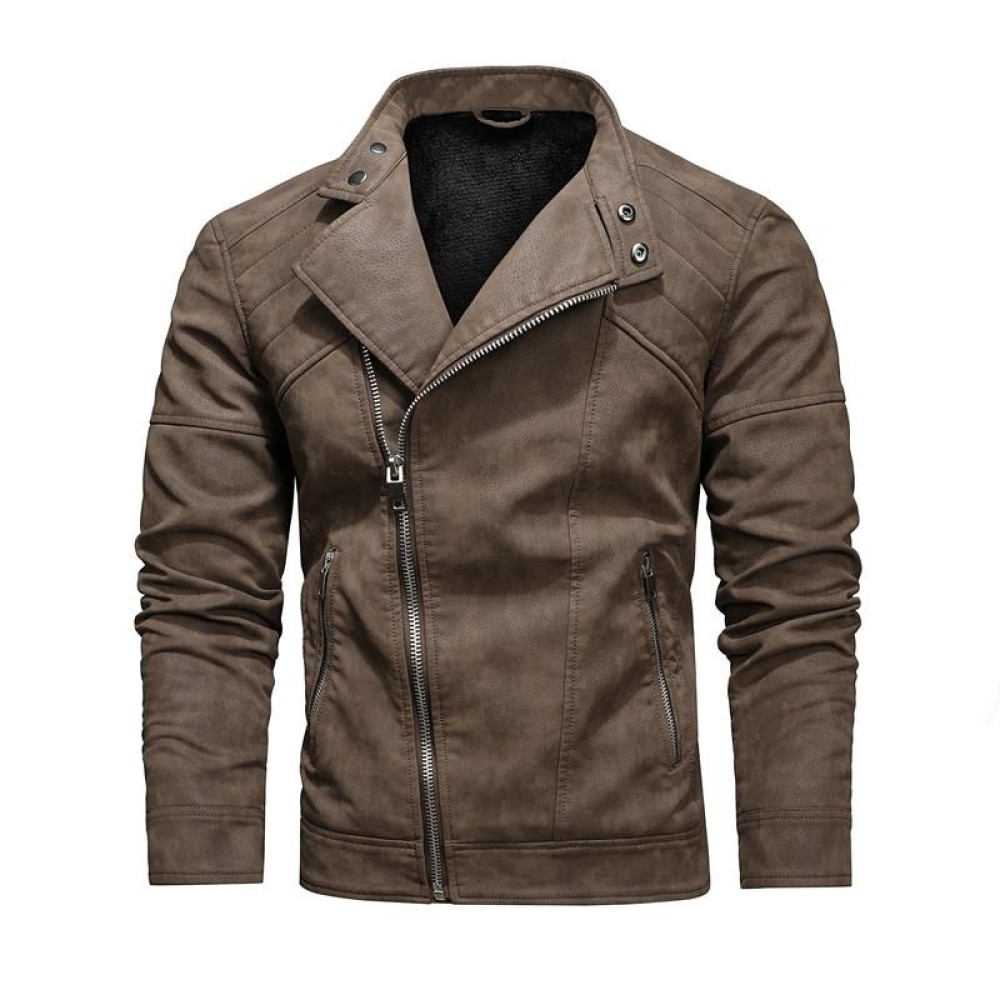 Mens Lapel Leather Motorcycle Jacket, Size: XL(Dark Brown)