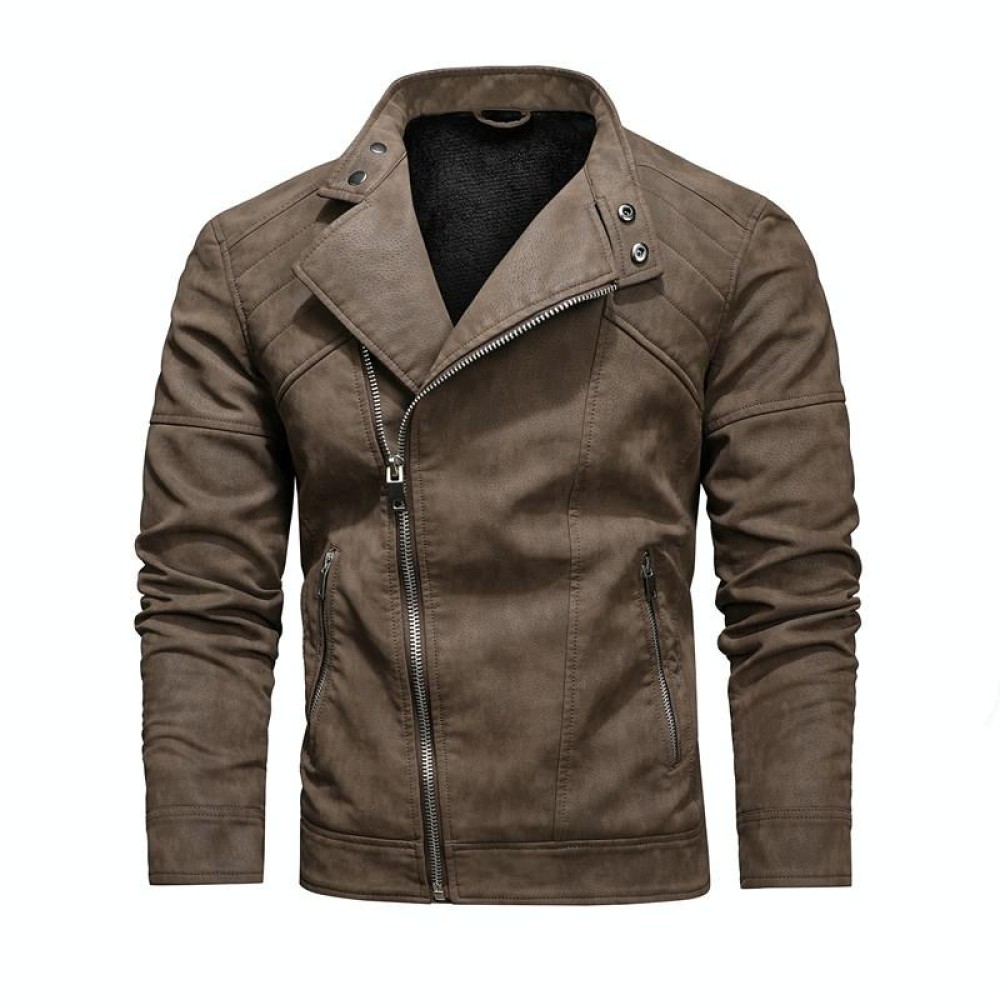 Mens Lapel Leather Motorcycle Jacket, Size: XXL(Dark Brown)