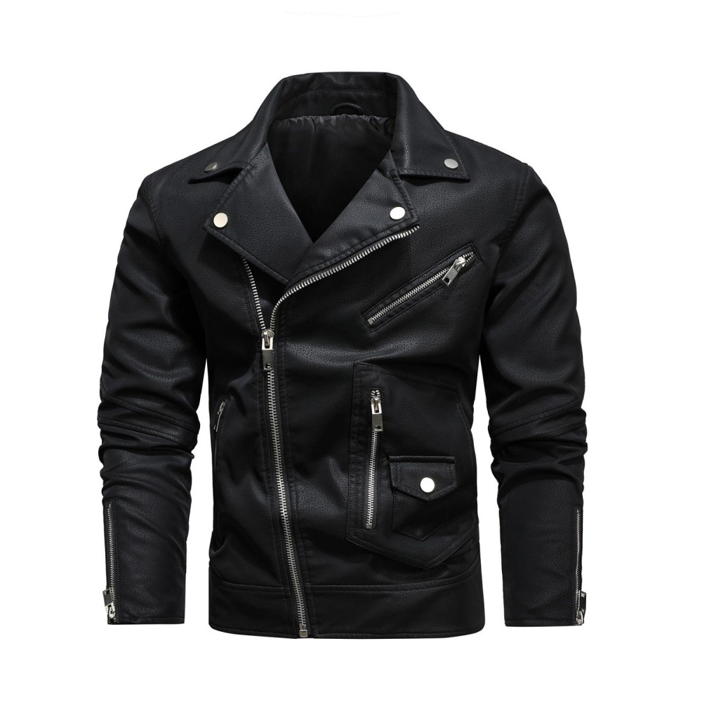 Men Fashion PU Lapel Leather Jacket, Size: S(Black)