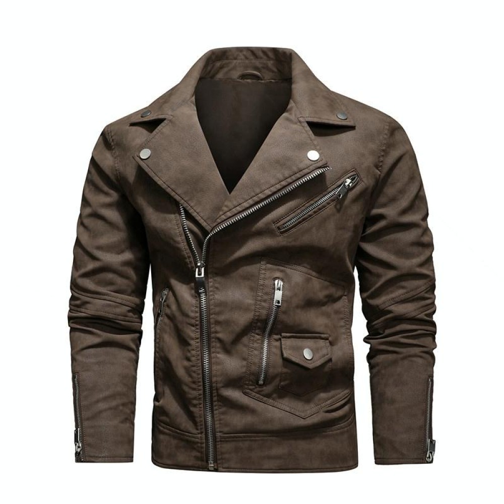 Men Fashion PU Lapel Leather Jacket, Size: S(Brown)