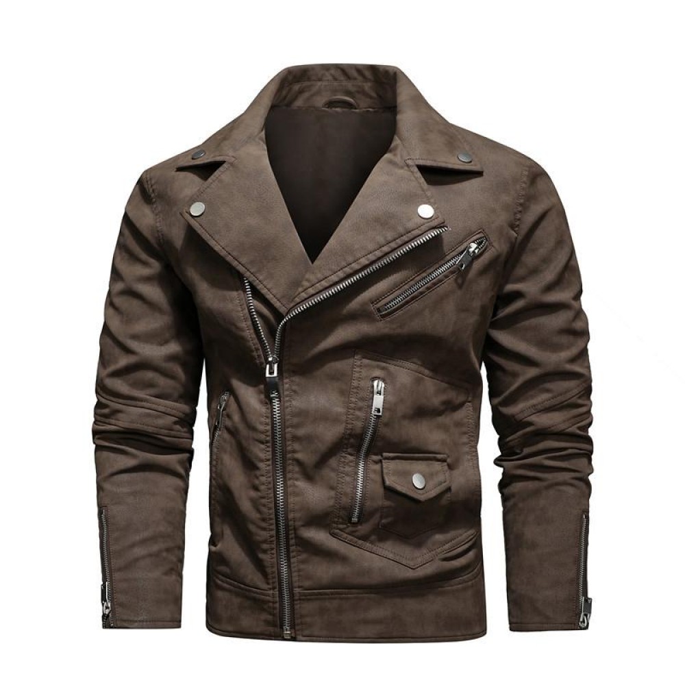 Men Fashion PU Lapel Leather Jacket, Size: M(Brown)