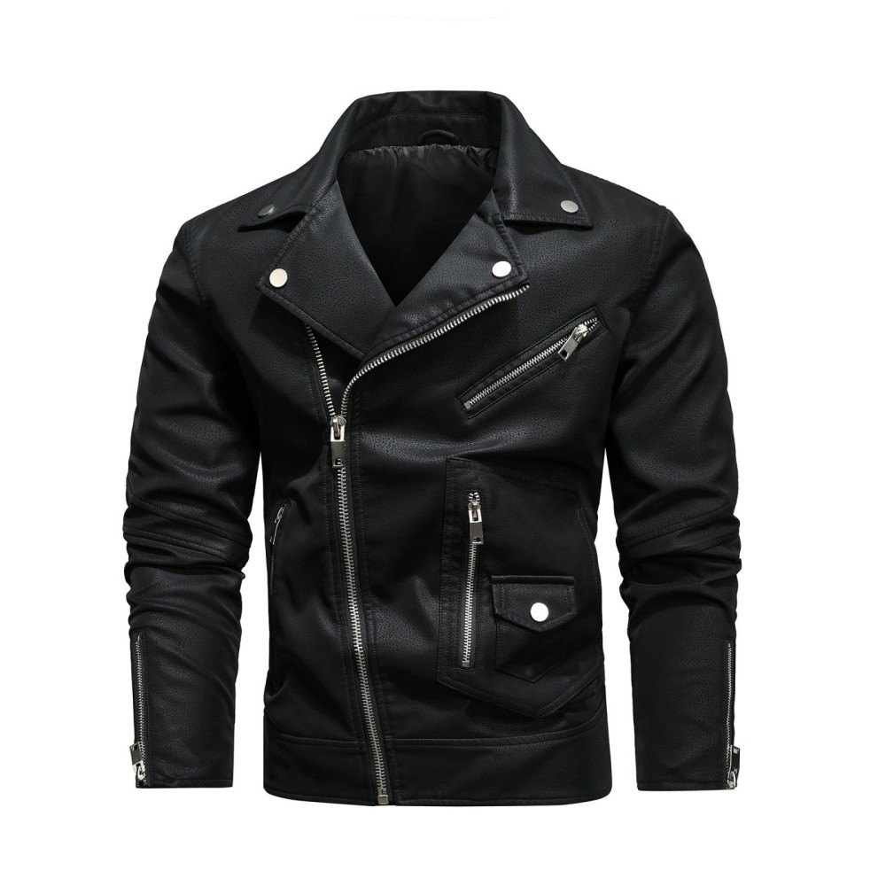 Men Fashion PU Lapel Leather Jacket, Size: L(Black)