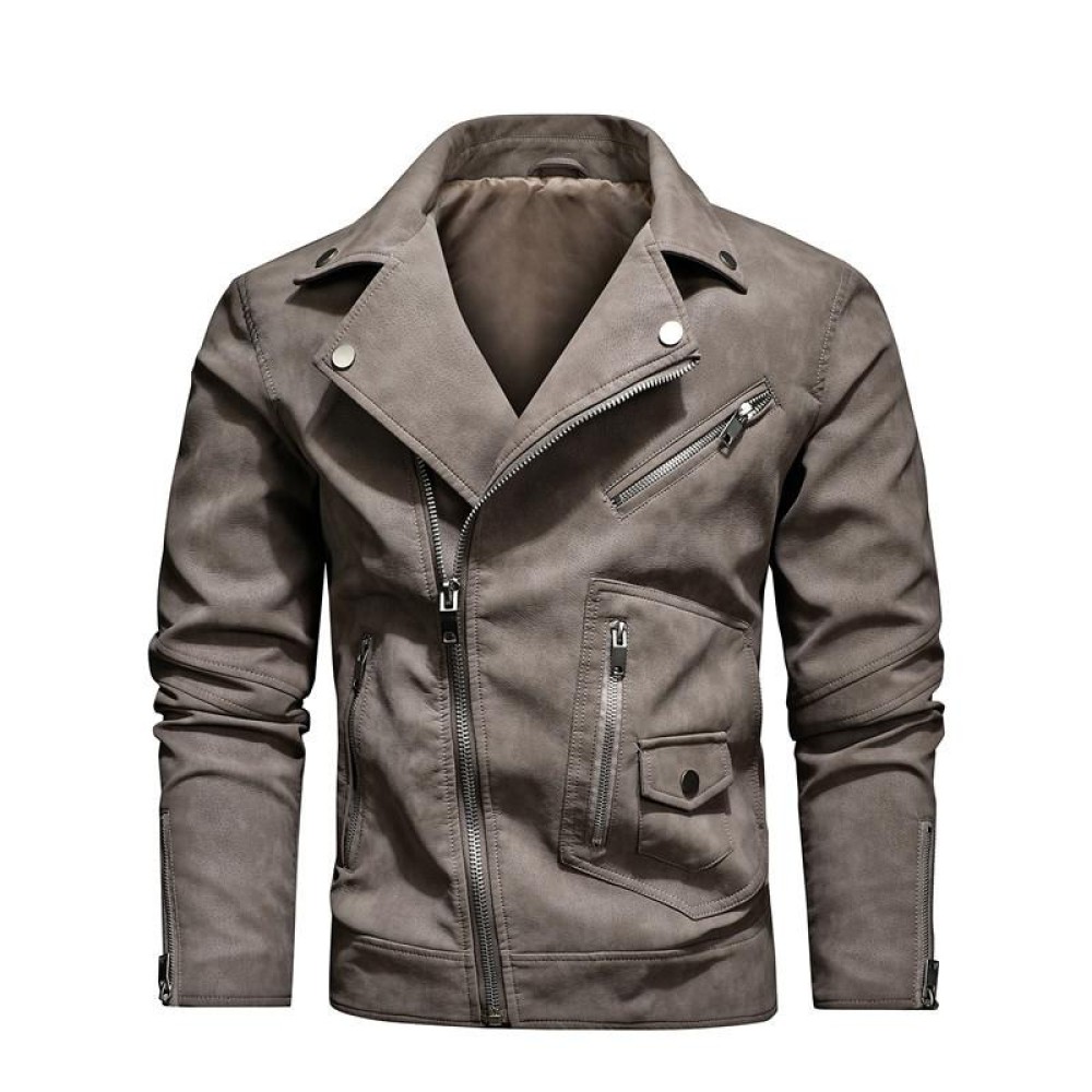 Men Fashion PU Lapel Leather Jacket, Size: L(Khaki)