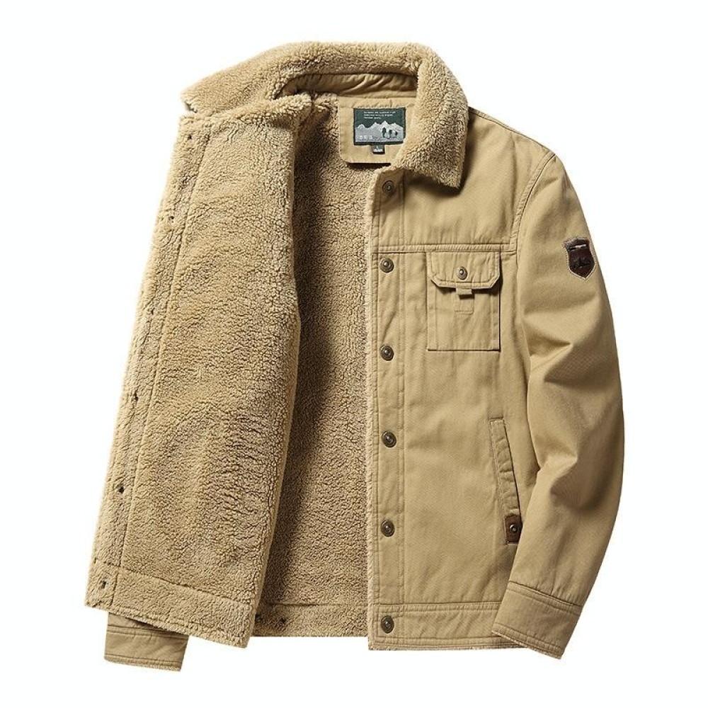 Autumn Winter Washed Cotton Padded Thickened Lapel Men Jacket, Size: M(Khaki)