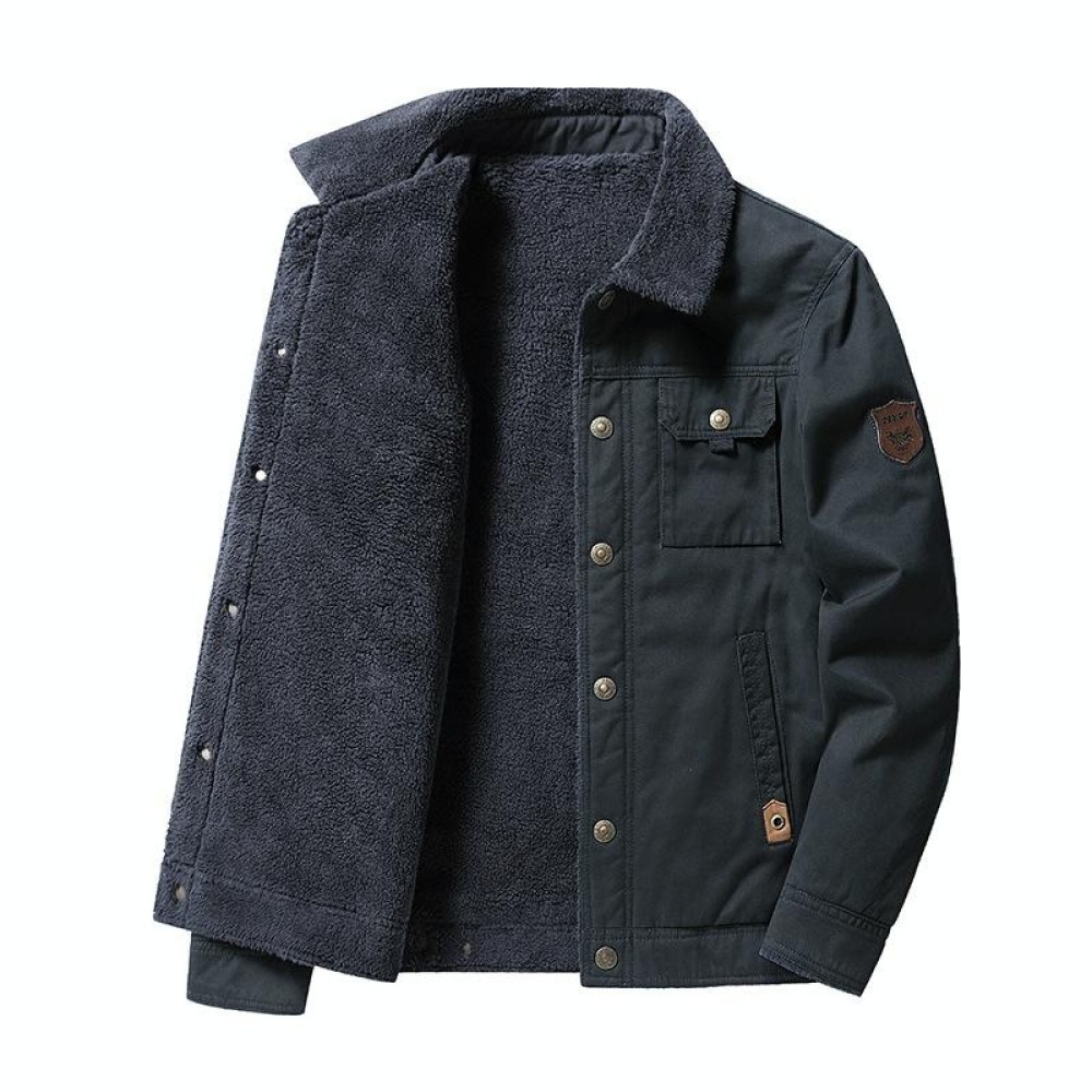 Autumn Winter Washed Cotton Padded Thickened Lapel Men Jacket, Size: XL(Dark Blue)