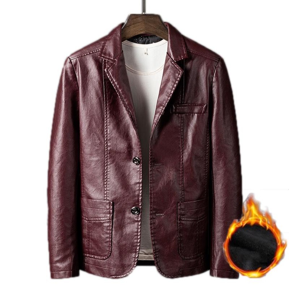 Men Slim Fit Business Casual Motorcycle Leather Jacket, Size: XXL(Wine Red Velvet)