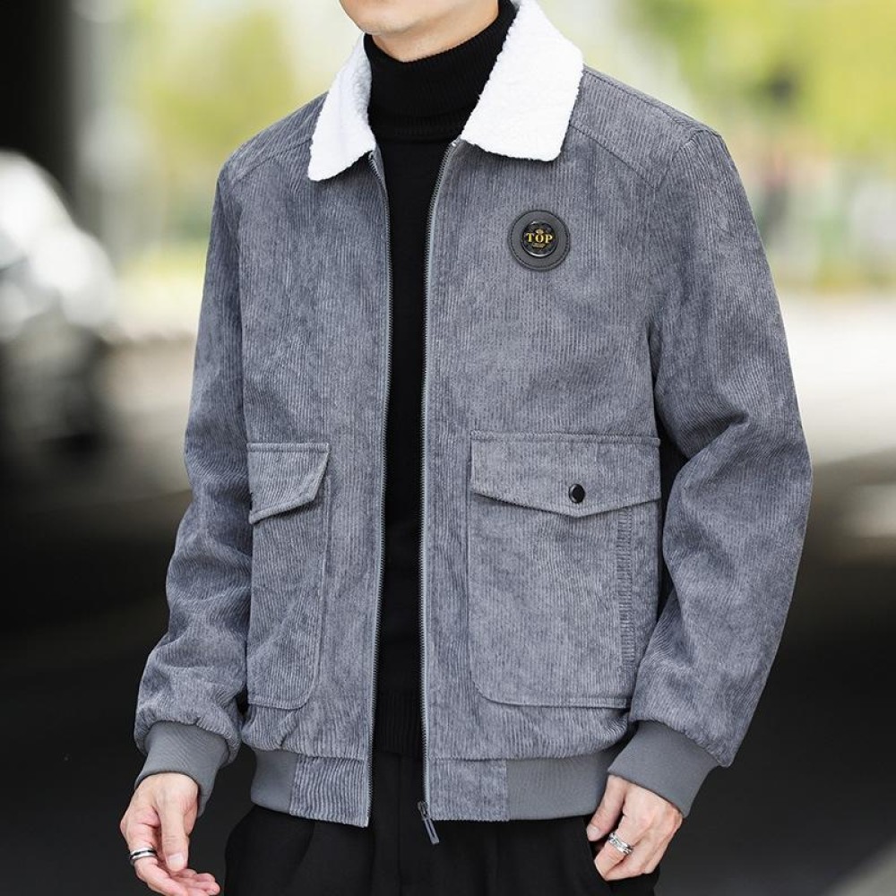 Autumn and Winter Casual Jacket Vintage Corduroy Lapel Coat, Color: Gray Plush(L)