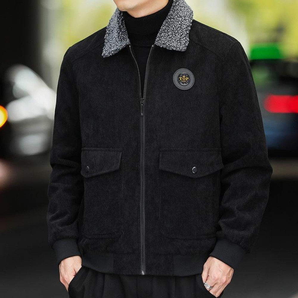 Autumn and Winter Casual Jacket Vintage Corduroy Lapel Coat, Color: Black  Plush(L)