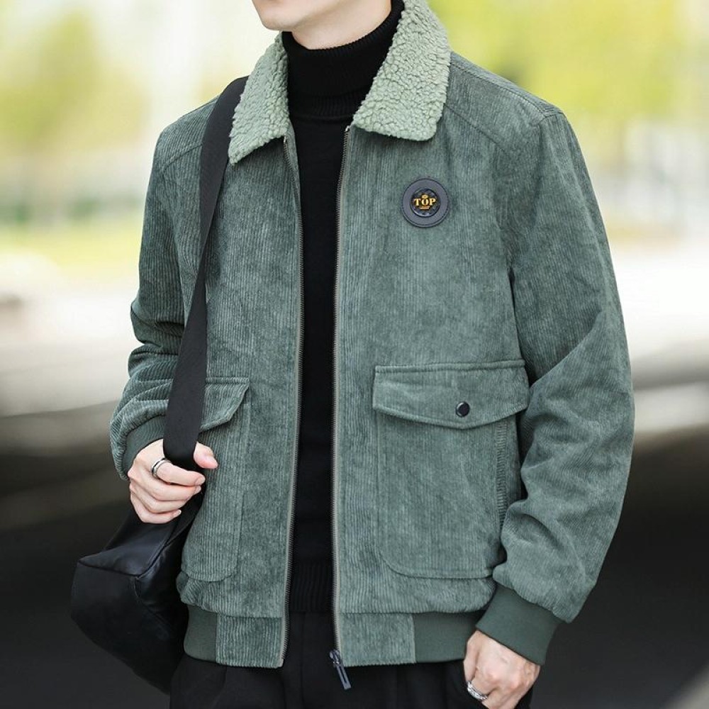 Autumn and Winter Casual Jacket Vintage Corduroy Lapel Coat, Color: Green Plush(M)