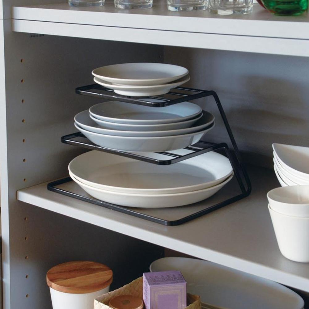 Three-layer Kitchen Dish Storage Rack Cabinet Tiered Shelf(Black)