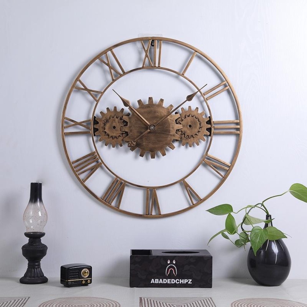 60cm Vintage Iron Round Gear Wall Clock Silent Large Art Clock(Gold+Gold Needle)
